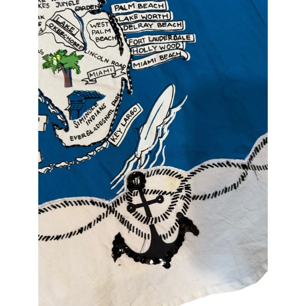 Basil & Maude Florida Souvenir Map‎ Skirt Sequin Flamingo Tropical Blue White 10
